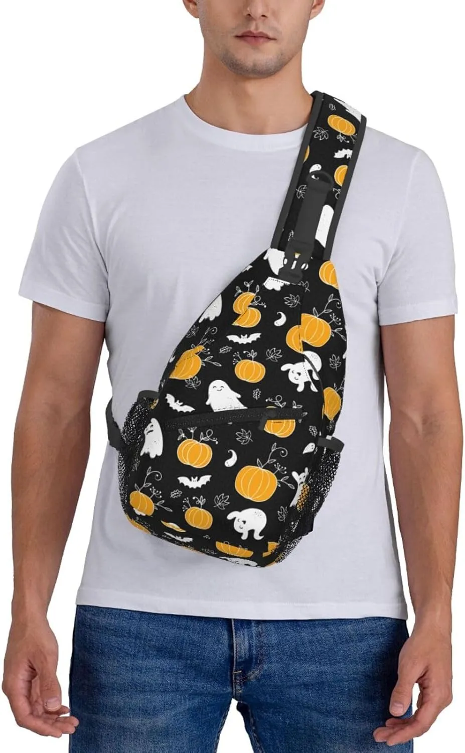Horror Halloween Sling Backpack,Cute Ghost Pumpkin Crossbody Shoulder Backpack Adjustable Sling Bag for Men Women