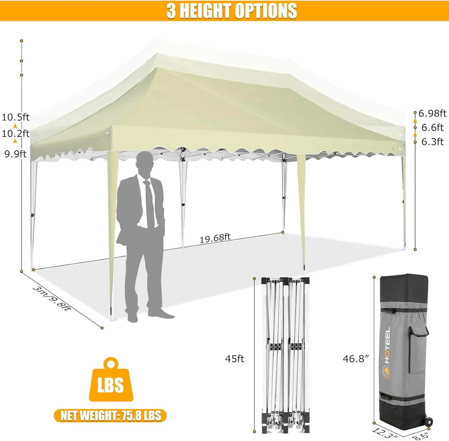 HOTEEL 10x20 Pop Up Canopy, Outdoor Easy Setup Party Tent, Waterproof Portable Enclosed Event Shelter with Wheeled Bag, Weight Bag for Backyard, Vendor, Khaki