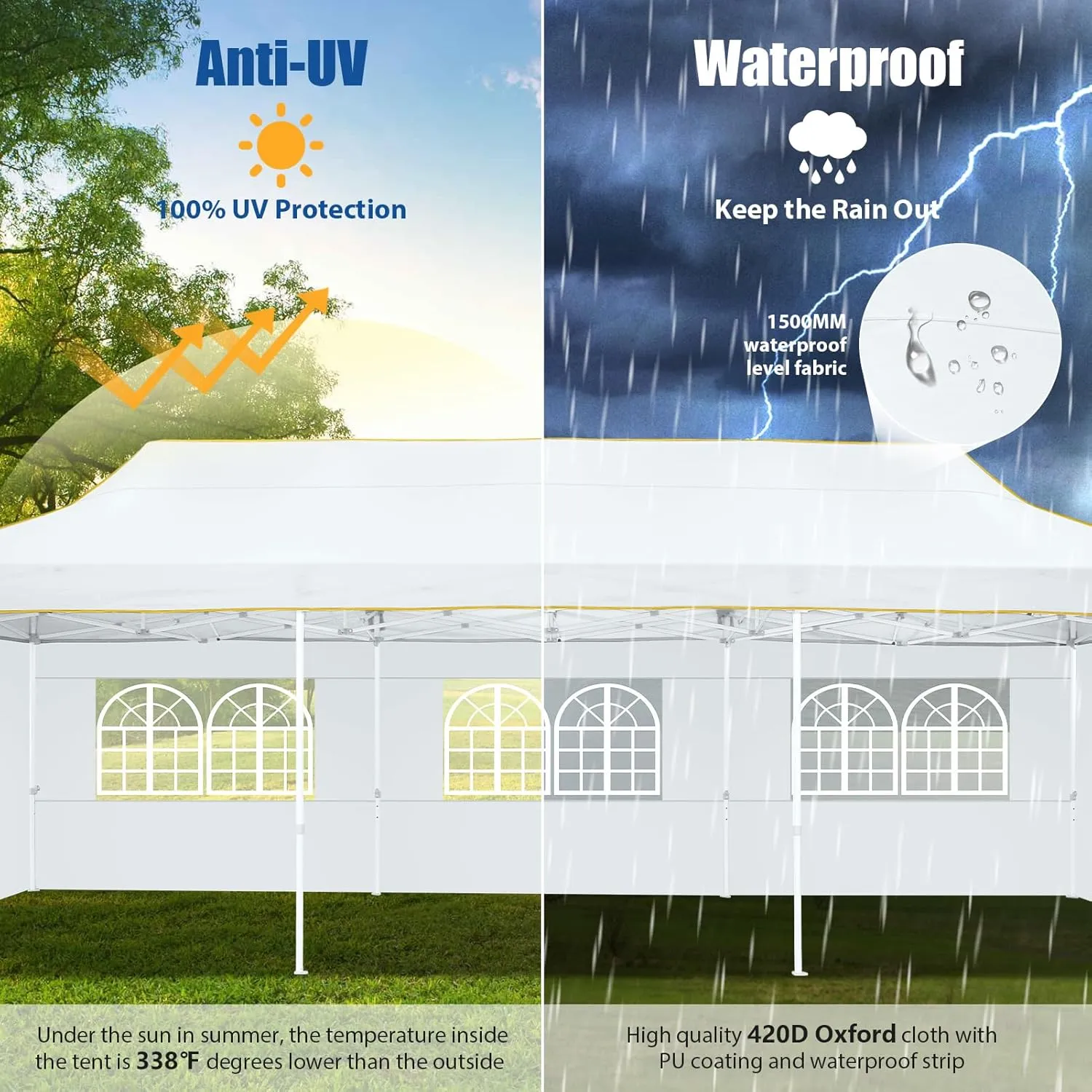 HOTEEL 10x30 Pop up Canopy Tent for Parties, Heavy Duty Easy Setup Tent with 5 Sidewalls, Outdoor Commercial Instant Gazebo for Wedding Event, with Roller Bag & Sand Bags, White(Hexagonal Frame)