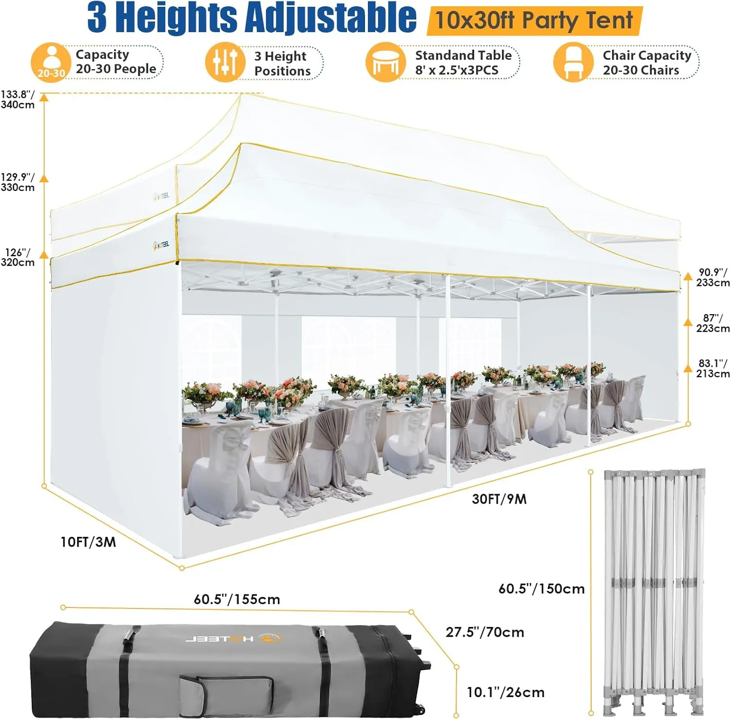 HOTEEL 10x30 Pop up Canopy Tent for Parties, Heavy Duty Easy Setup Tent with 5 Sidewalls, Outdoor Commercial Instant Gazebo for Wedding Event, with Roller Bag & Sand Bags, White(Hexagonal Frame)