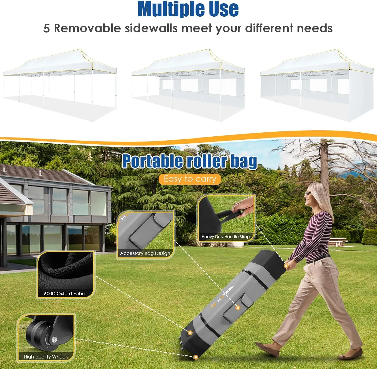 HOTEEL 10x30 Pop up Canopy Tent for Parties, Heavy Duty Easy Setup Tent with 5 Sidewalls, Outdoor Commercial Instant Gazebo for Wedding Event, with Roller Bag & Sand Bags, White(Hexagonal Frame)
