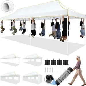 HOTEEL 10x30 Pop up Canopy Tent for Parties, Heavy Duty Easy Setup Tent with 5 Sidewalls, Outdoor Commercial Instant Gazebo for Wedding Event, with Roller Bag & Sand Bags, White(Hexagonal Frame)