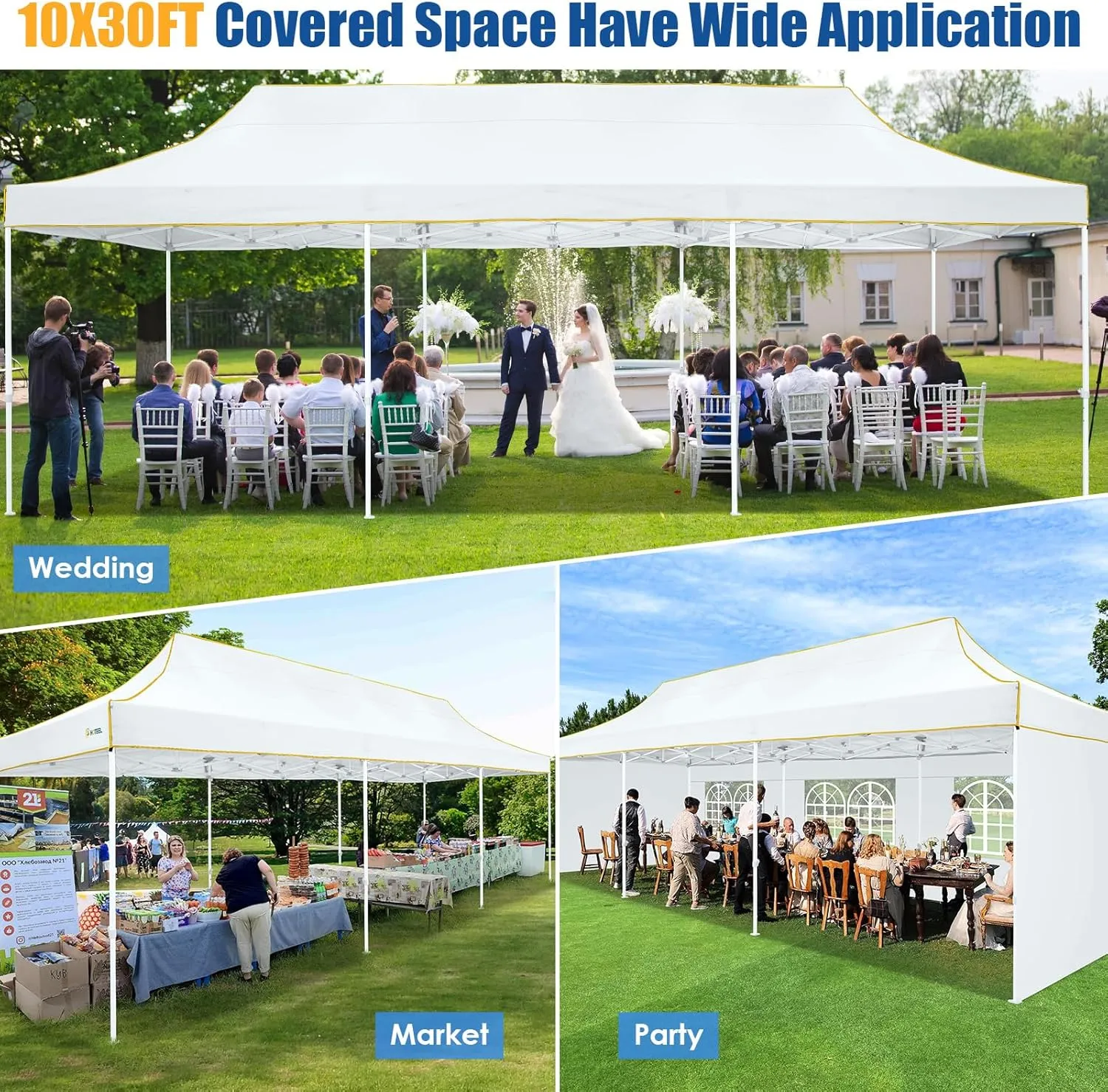 HOTEEL 10x30 Pop up Canopy Tent for Parties, Heavy Duty Easy Setup Tent with 5 Sidewalls, Outdoor Commercial Instant Gazebo for Wedding Event, with Roller Bag & Sand Bags, White(Hexagonal Frame)