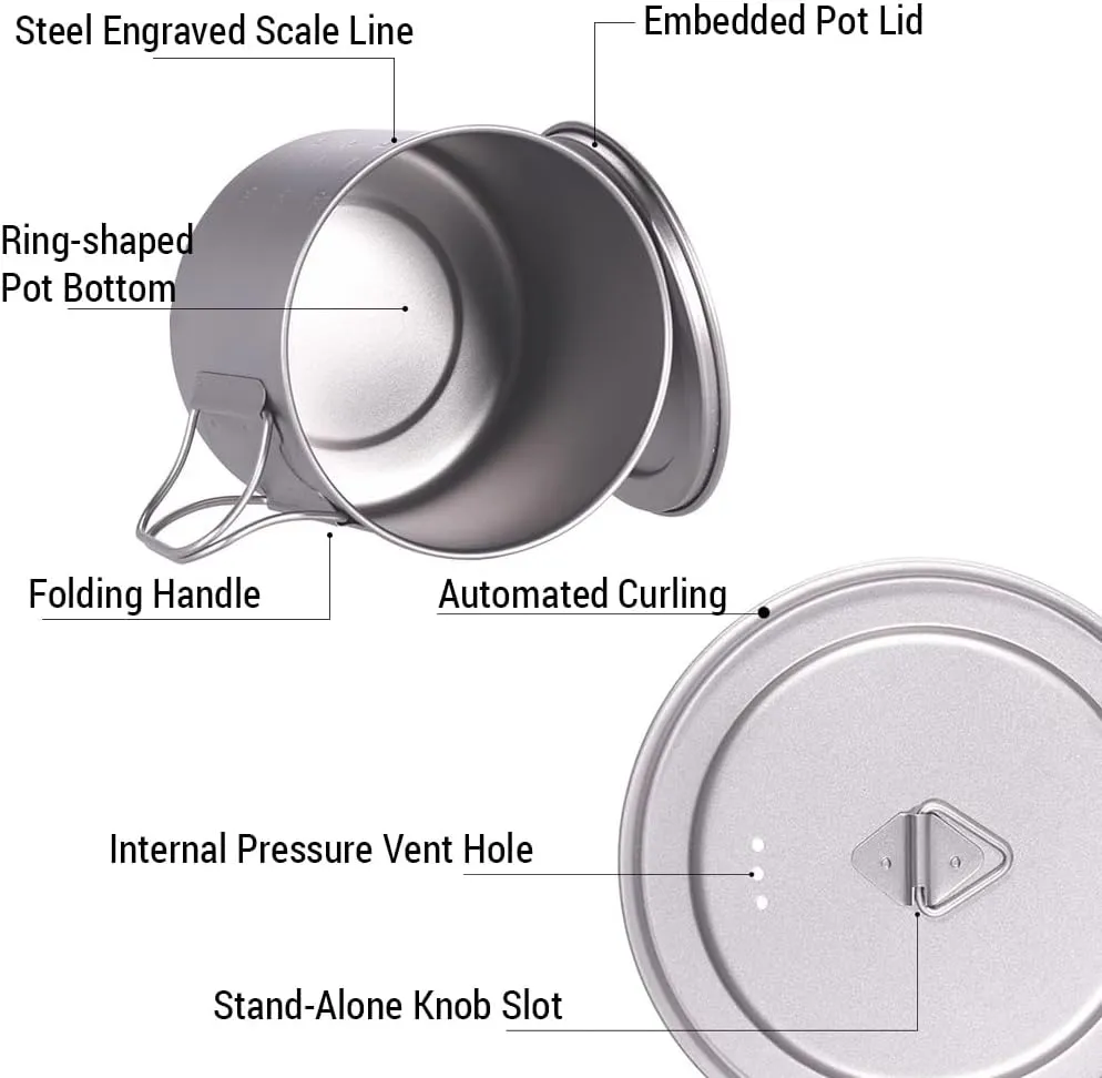 HXBER Camping Titanium Pot Backpacking Pot with Lid and Folding Handles for Outdoor Camping Hiking