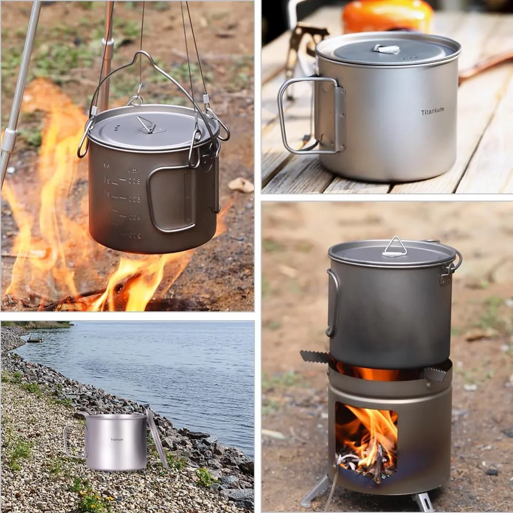 HXBER Camping Titanium Pot Backpacking Pot with Lid and Folding Handles for Outdoor Camping Hiking