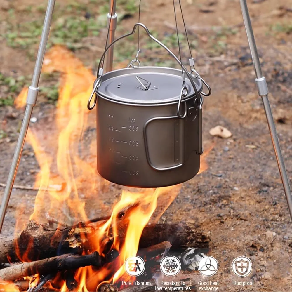 HXBER Camping Titanium Pot Backpacking Pot with Lid and Folding Handles for Outdoor Camping Hiking