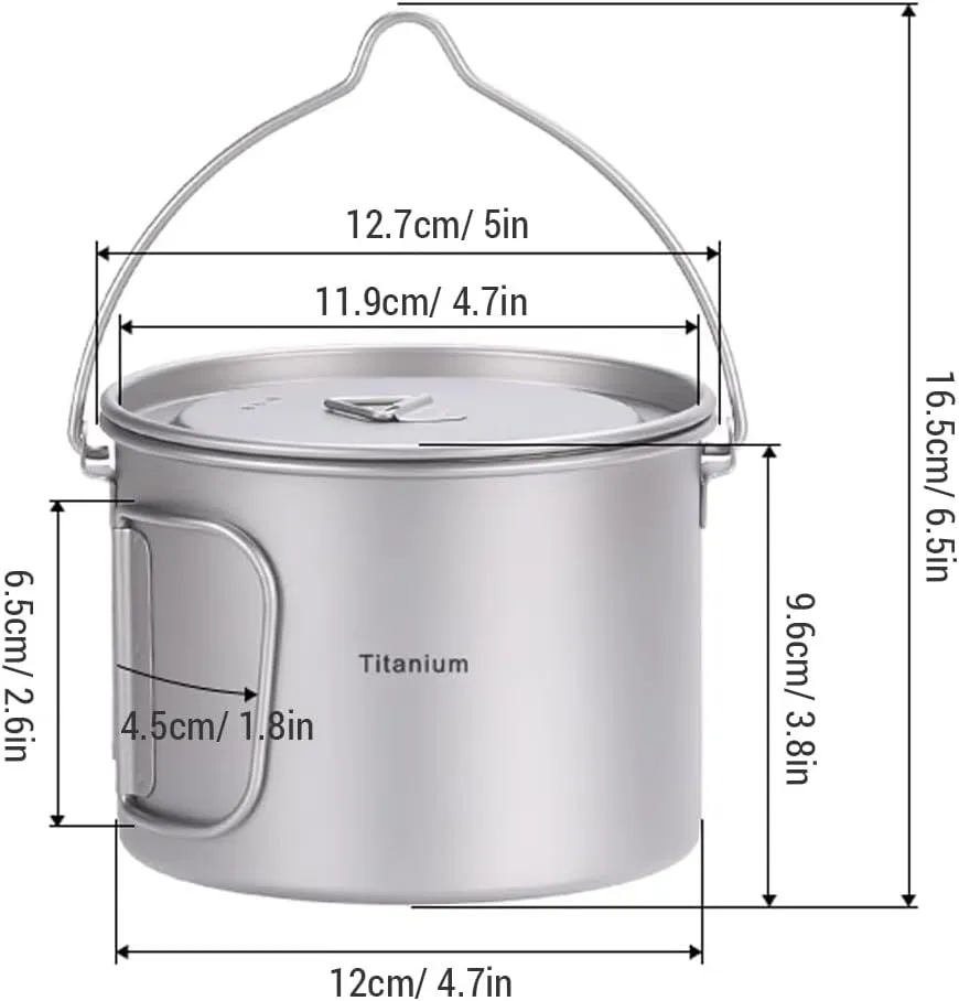 HXBER Camping Titanium Pot Backpacking Pot with Lid and Folding Handles for Outdoor Camping Hiking