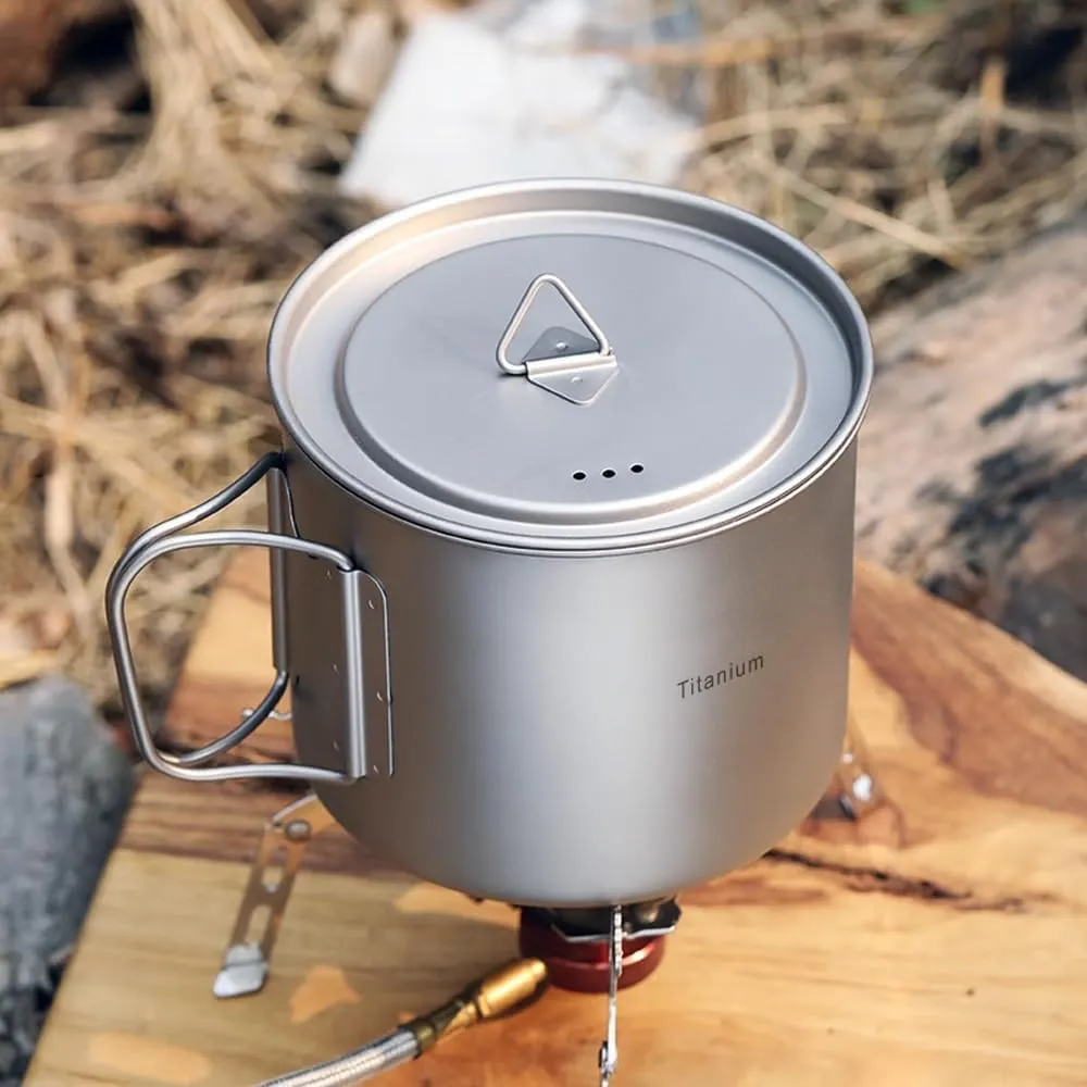 HXBER Camping Titanium Pot Backpacking Pot with Lid and Folding Handles for Outdoor Camping Hiking