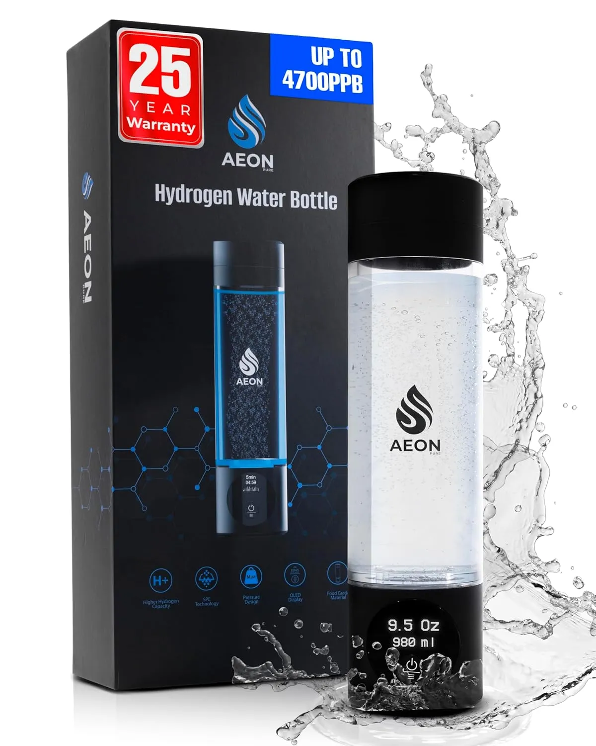 Hydrogen Water Bottle Generator - Water Machine With SPE & PEM Technology, Rechargeable Ionizer up to 4.5 PPM, Black