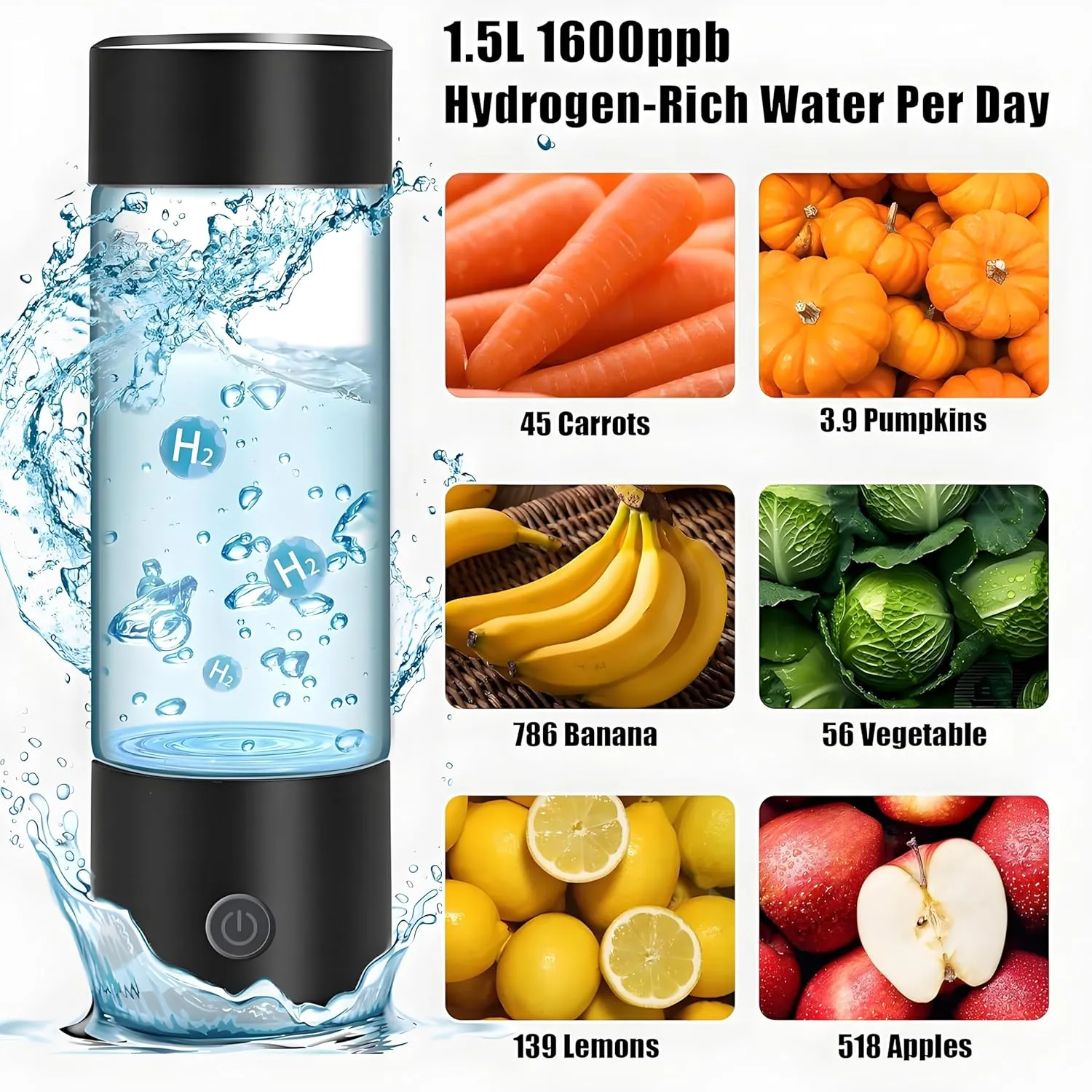 Hydrogen Water Bottle - Portable Hydrogen Rich Water Generator with Electrolyte, Alkaline Ionized Water Cup for Health & Wellness, 420ml, Rechargeable,Gifts for Women/Men (Business Black)