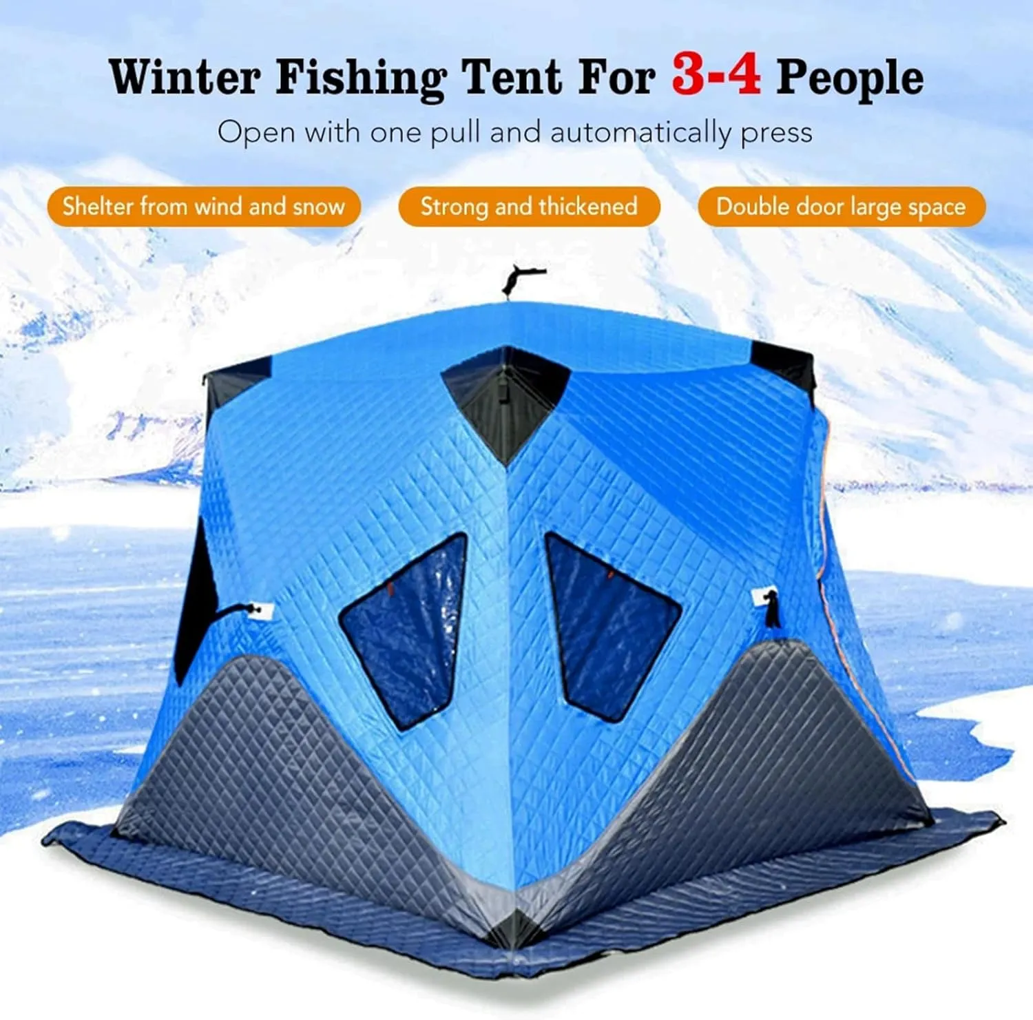 Ice Fishing Shelter, Insulated Pop-Up Tent for 3-4 People, Portable Windproof Ice Fishing Shanty, Easy Setup Large Ice Shack for Winter Fishing Adventures