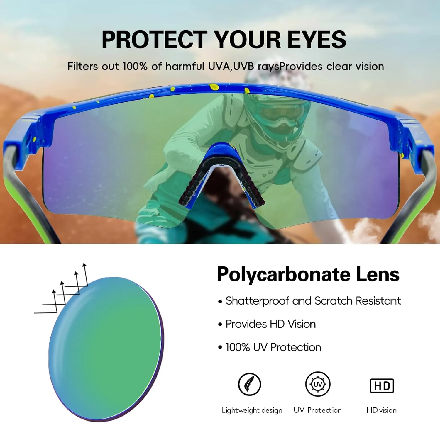 IKTOD Sports Polarized Sunglasses Men Women Anti-UV Baseball Sunglasses Youth Double Wide Cycling Running Softball Goggles
