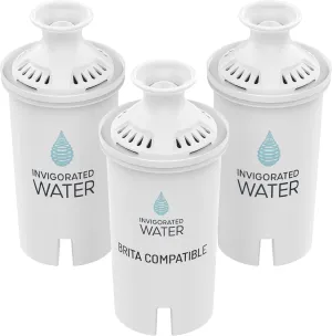 Invigorated Water Brita Filter Replacement – 3-Pack Alkaline Water Filters for Brita Pitchers, BPA-Free, Removes Copper, Chlorine, Heavy Metals – 120-Gallon/Filter Long Life