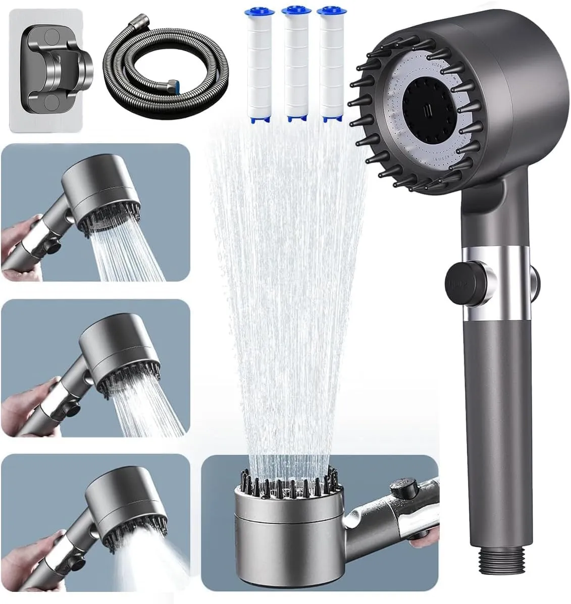 Ion Drops Shower Head with 60 Inch Shower Hose, 4 Spray Mode High Pressure Shower Head with ON/OFF Switch, Ion Drops Filtered Showerhead with Handheld for Hard Water, Grey