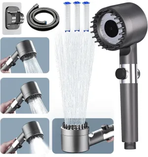 Ion Drops Shower Head with 60 Inch Shower Hose, 4 Spray Mode High Pressure Shower Head with ON/OFF Switch, Ion Drops Filtered Showerhead with Handheld for Hard Water, Grey