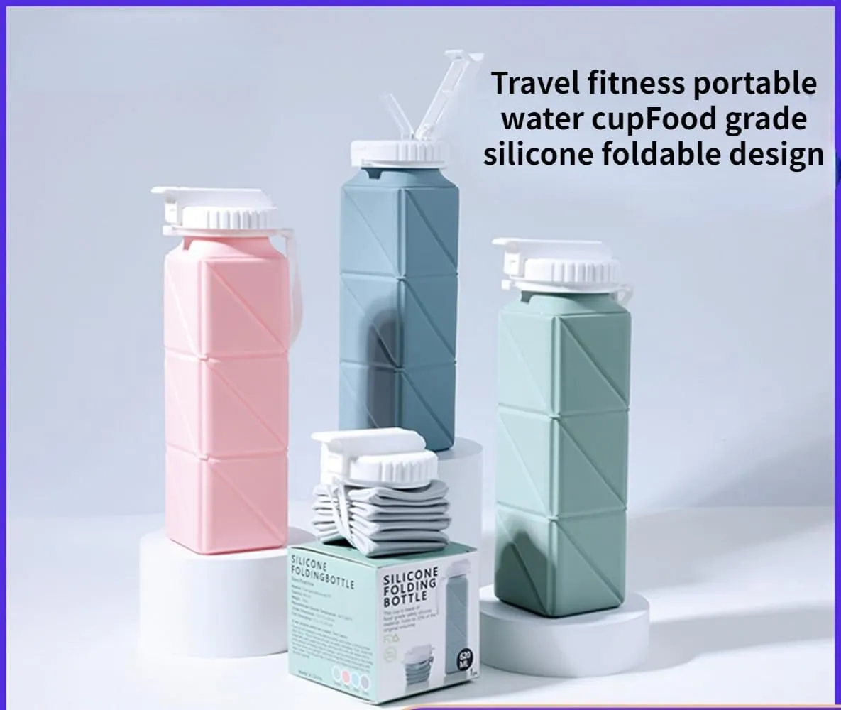 ISOLAY Collapsible Travel Cup Silicone Lightweight Large Capacity Folding Sport Bottle with Lids Scald-Proof Drinking Cup (Blue)