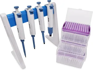 IVYX Scientific Complete 4 Micropipettes Kit: 4 Pipettors (0.5-10μl 10-100μl 100-1000μl 1000-5000μl); Pipette Stand; 3 Racks of 96 Sterile Pipette Tips