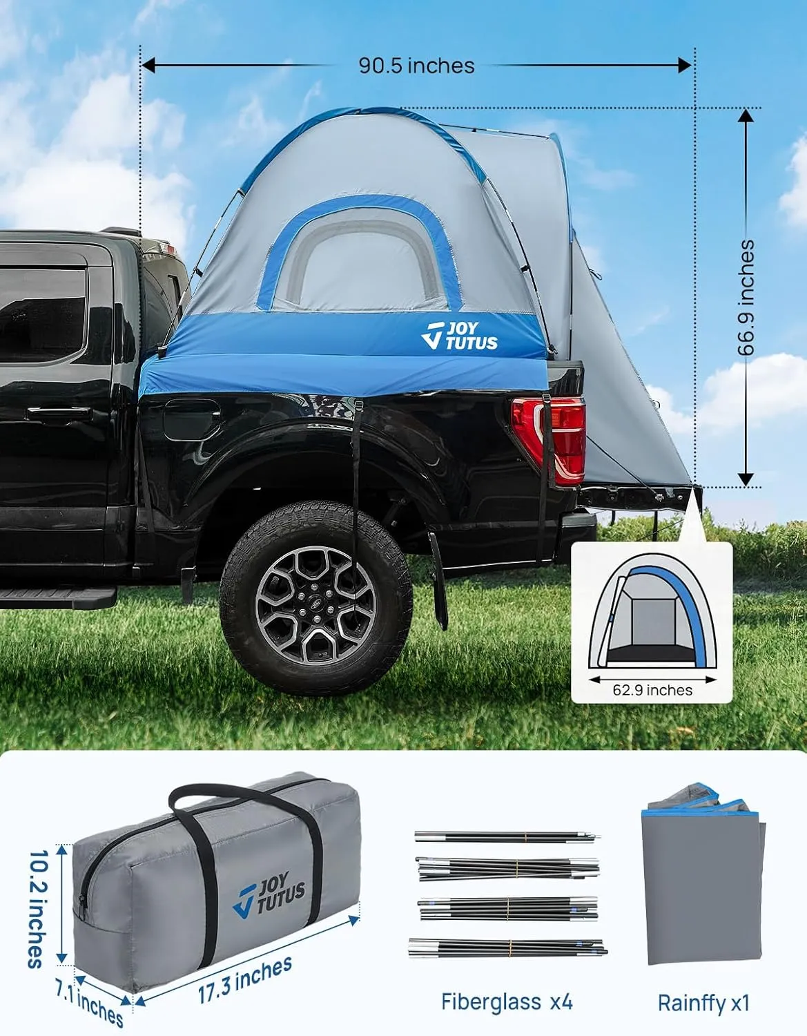 JOYTUTUS Truck Tent, Portable Truck Bed Tent with Rainfly, 5FT - 6.5FT Truck Tent with Waterproof PU2000mm Double Layer for 2 Person - Blue