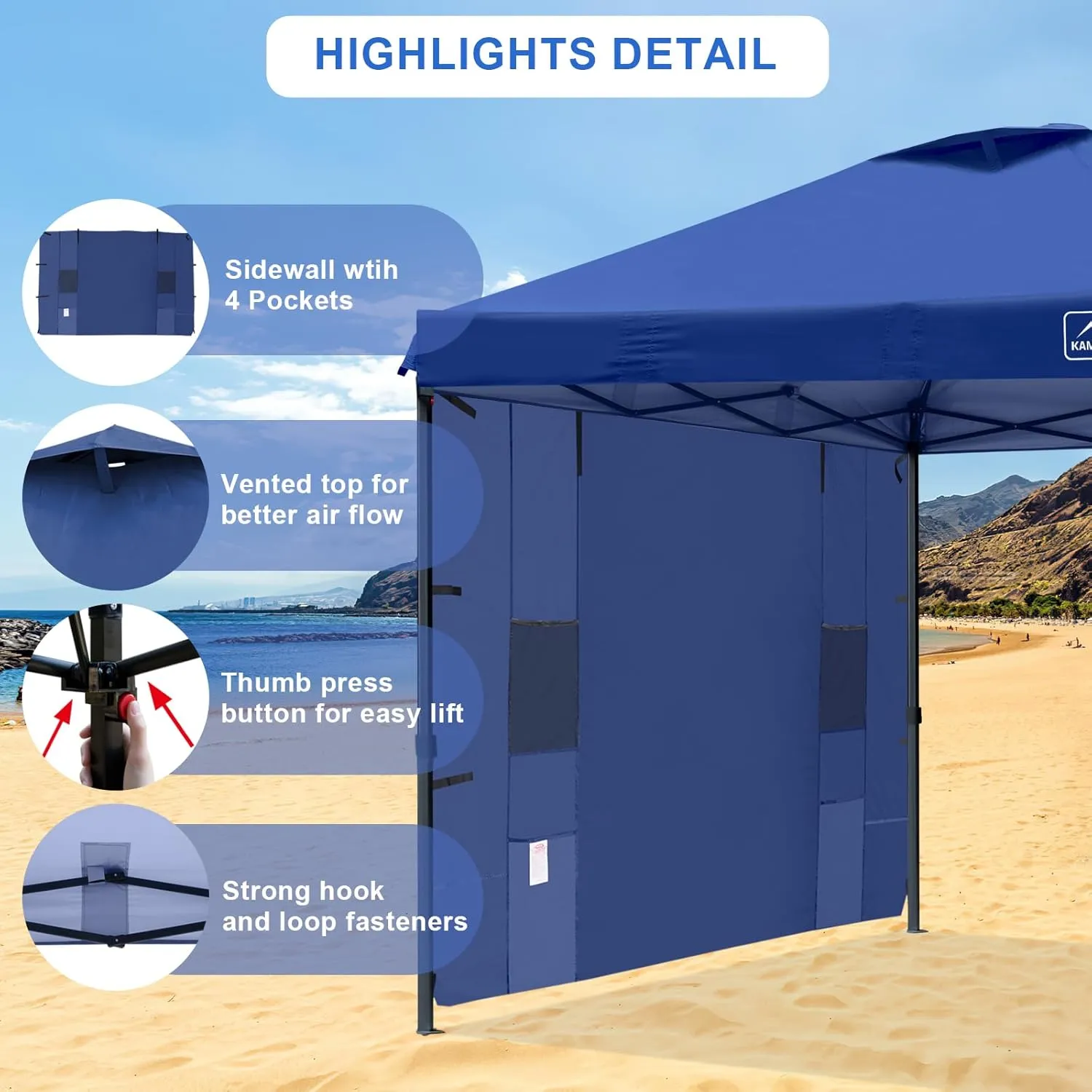 KAMPKEEPER 10x10 Pop Up Canopy Tent with Sidewall - Easy Setup Sun Shelter, Outdoor Shade with Vented Roof for Backyard | UV & Rain Portable Instant Camping Beach Canopy Tents (Navy Blue)