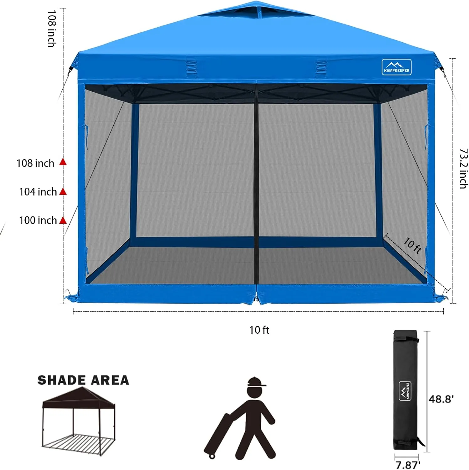 KAMPKEEPER 10x10 Pop Up Canopy with Mosquito Netting,Instant Outdoor Screen Tent Sun Shade for Events Patio Camping Picnic,Gazebo with 4 Sandbags,1 Wheeled Bag(Light Blue)