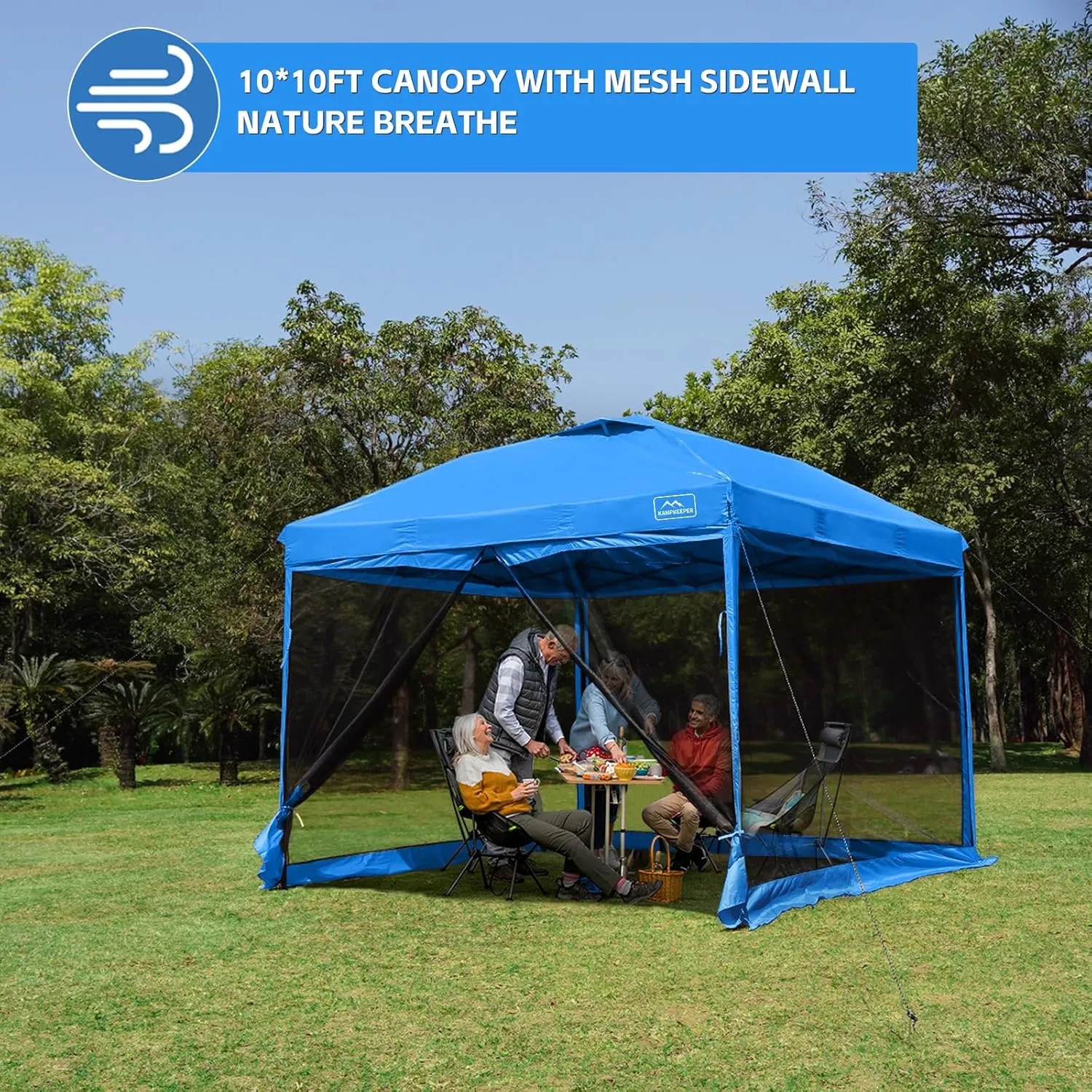 KAMPKEEPER 10x10 Pop Up Canopy with Mosquito Netting,Instant Outdoor Screen Tent Sun Shade for Events Patio Camping Picnic,Gazebo with 4 Sandbags,1 Wheeled Bag(Light Blue)