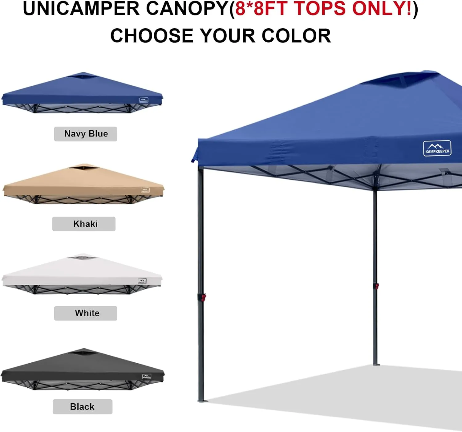 KAMPKEEPER 8x8 Replacement Top Pop Up Canopy Tent Top Cover Roof with Air Vent and Adjustable Elastic Strap, Polyester UV Waterproof for Outdoor Garden Patio Pavilion Sun Shade(Top Only) (Navy Blue)