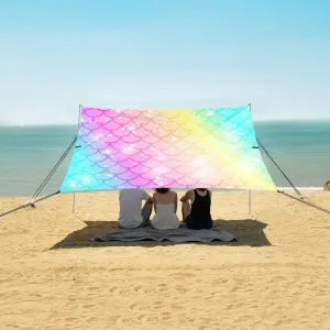 Kawaii Mermaid Fish Scale Beach Canopy Tent Anti-UV & Wind Resistant, Rainbow Glitter Sparkles Camping Sun Shelter Easy Setup Portable,Outdoor Shade Tents with Sandbags,Sand Shovels,Ground Pegs