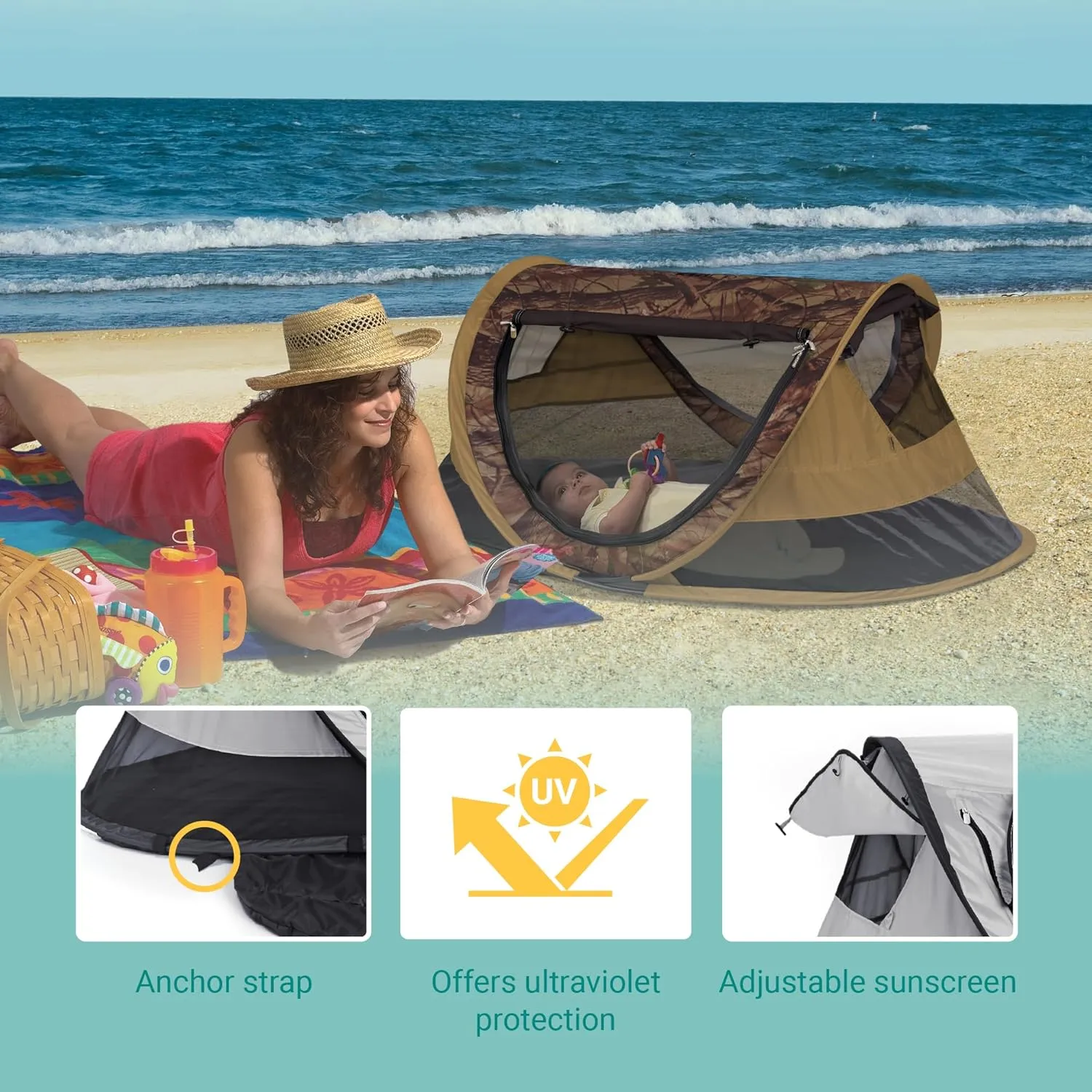 KidCo - Peapod Plus Portable Mesh Baby Toddler Travel Tent & Storage Bag, Play Tent, Pack and Play, Extra Room, Ages 6 Months - 5 Years (Camouflage)