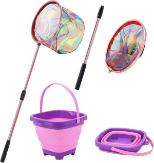 Kids Fishing Net - Telescopic Landing Net with Aluminum Pole Handle, Collapsible Bucket Sand Pail, Butterfly Net for Outdoor Play