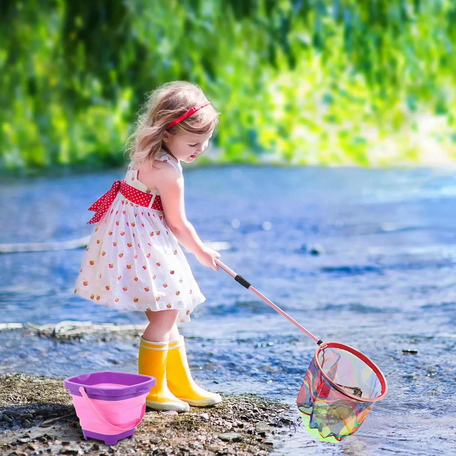 Kids Fishing Net - Telescopic Landing Net with Aluminum Pole Handle, Collapsible Bucket Sand Pail, Butterfly Net for Outdoor Play