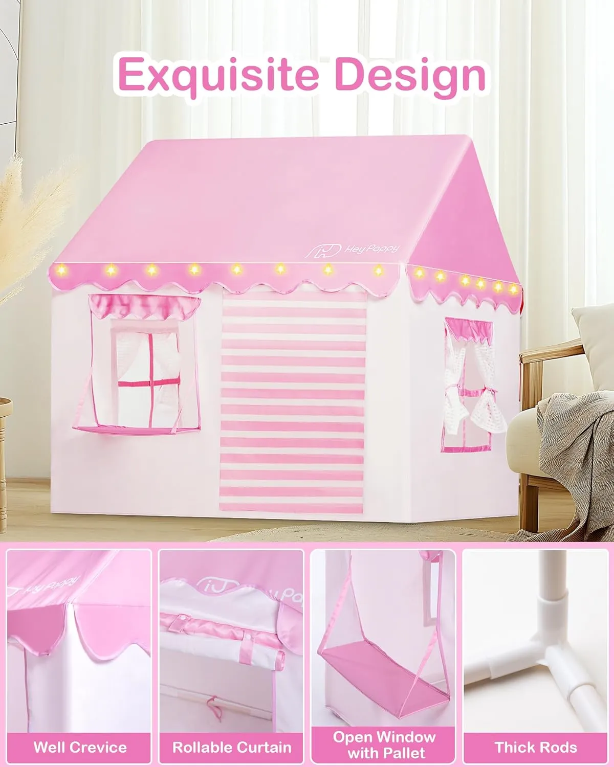 Kids Play Tent, Toddler Tent Playhouse for Kid Indoor & Outdoor, 48.5"x39.4"x48.5" Play Tents for Kid Toy House Gift with Window, Lights and Balloons, Pink