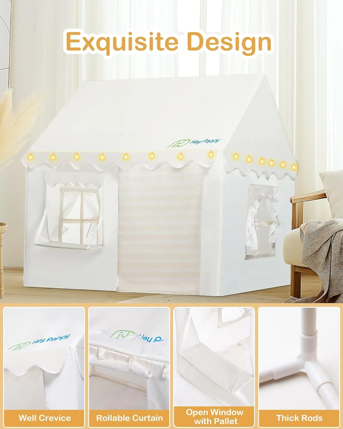 Kids Play Tent, Toddler Tent Playhouse for Kids Indoor & Outdoor, 48.5"x39.4"x48.5" Play Tents for Kid Toy House Gift with Window, Lights and Balloons, White