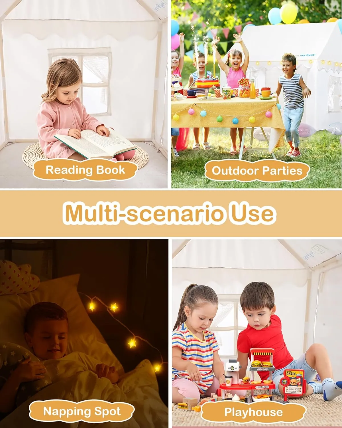 Kids Play Tent, Toddler Tent Playhouse for Kids Indoor & Outdoor, 48.5"x39.4"x48.5" Play Tents for Kid Toy House Gift with Window, Lights and Balloons, White