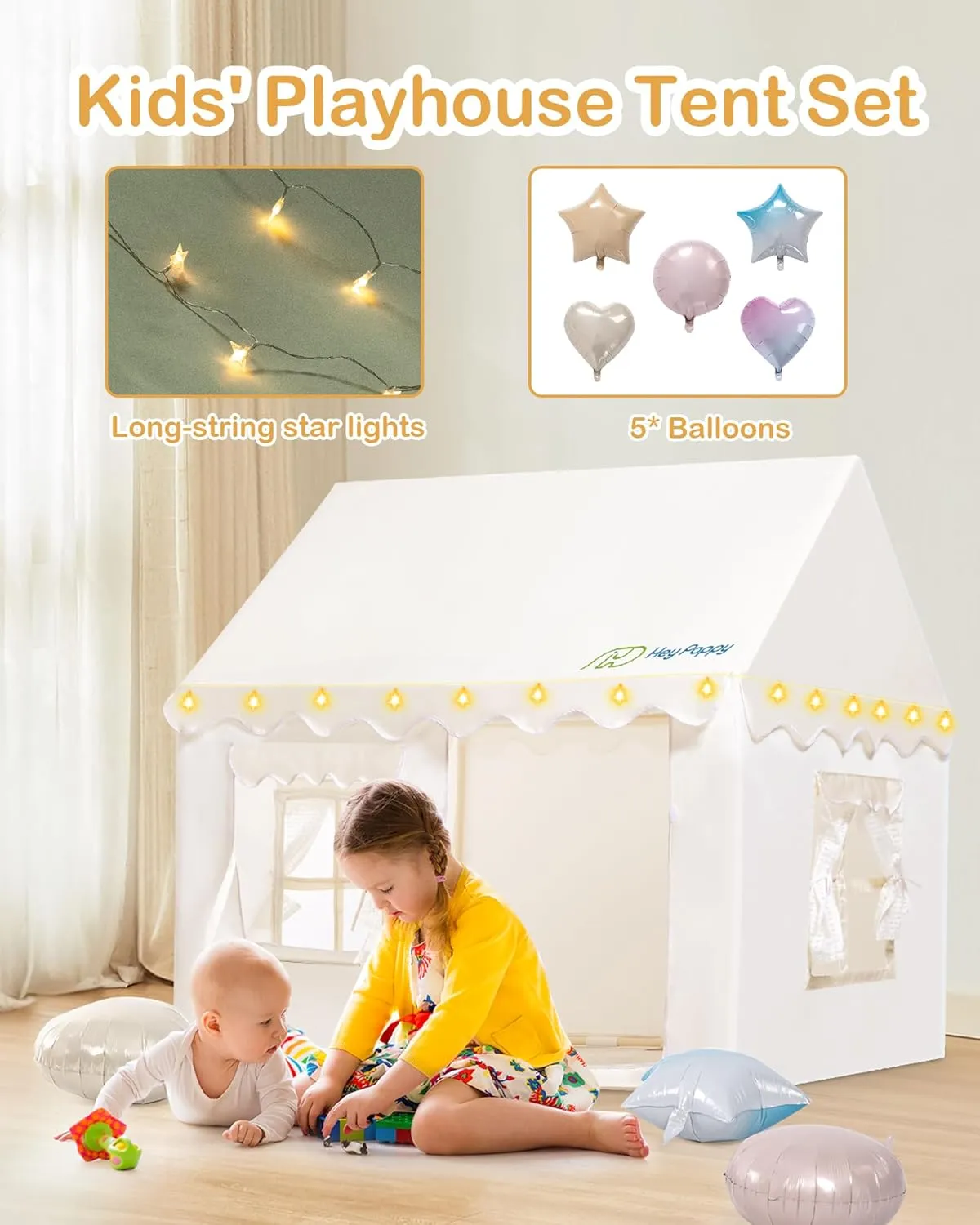Kids Play Tent, Toddler Tent Playhouse for Kids Indoor & Outdoor, 48.5"x39.4"x48.5" Play Tents for Kid Toy House Gift with Window, Lights and Balloons, White