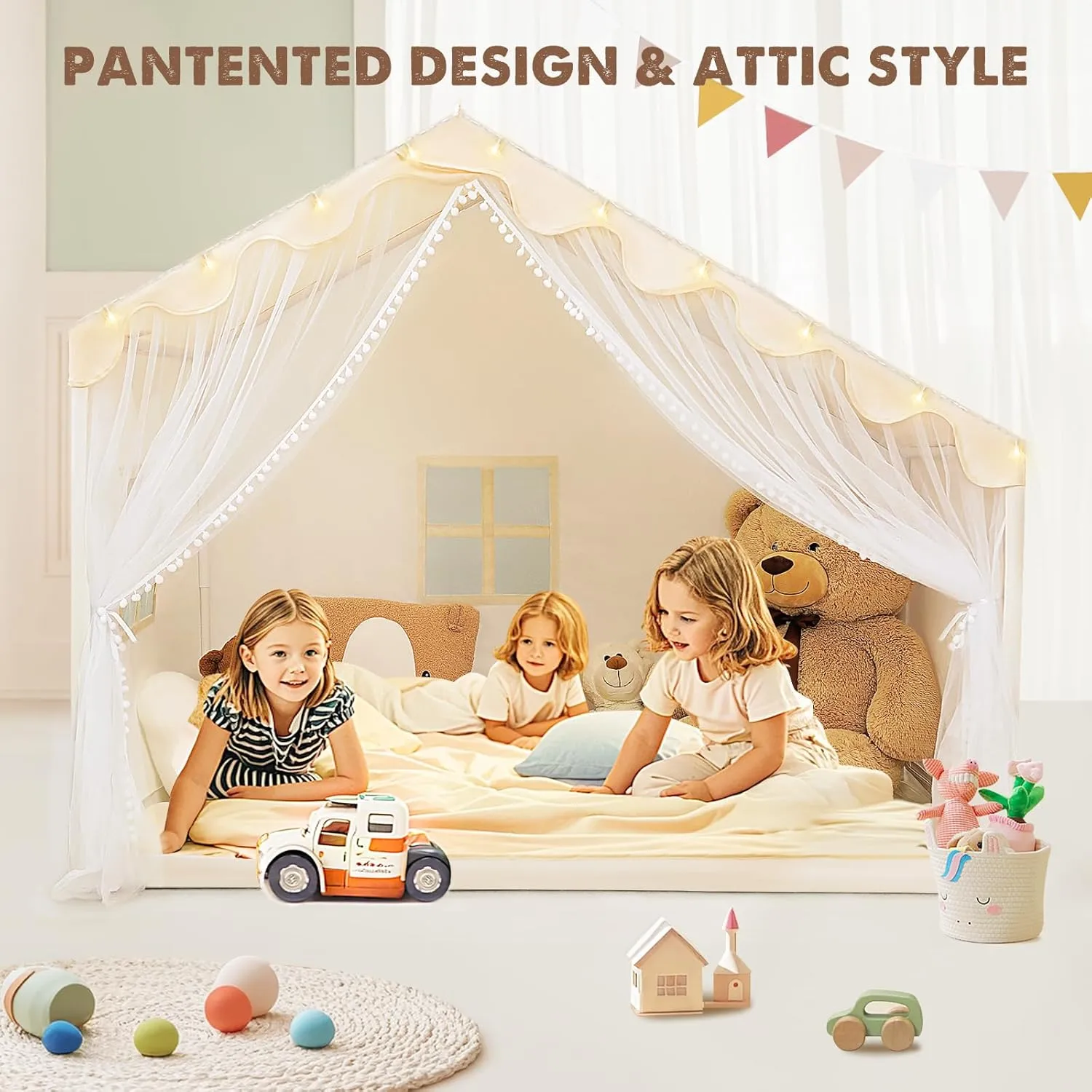 Kids Play Tent with Mat - Kids Tent Indoor with Star Lights and Flags, Toddler Tent for Kids Ages 3-8, Toddler Playhouse for Girls Boys, 57" x 35" x 47" (Beige)