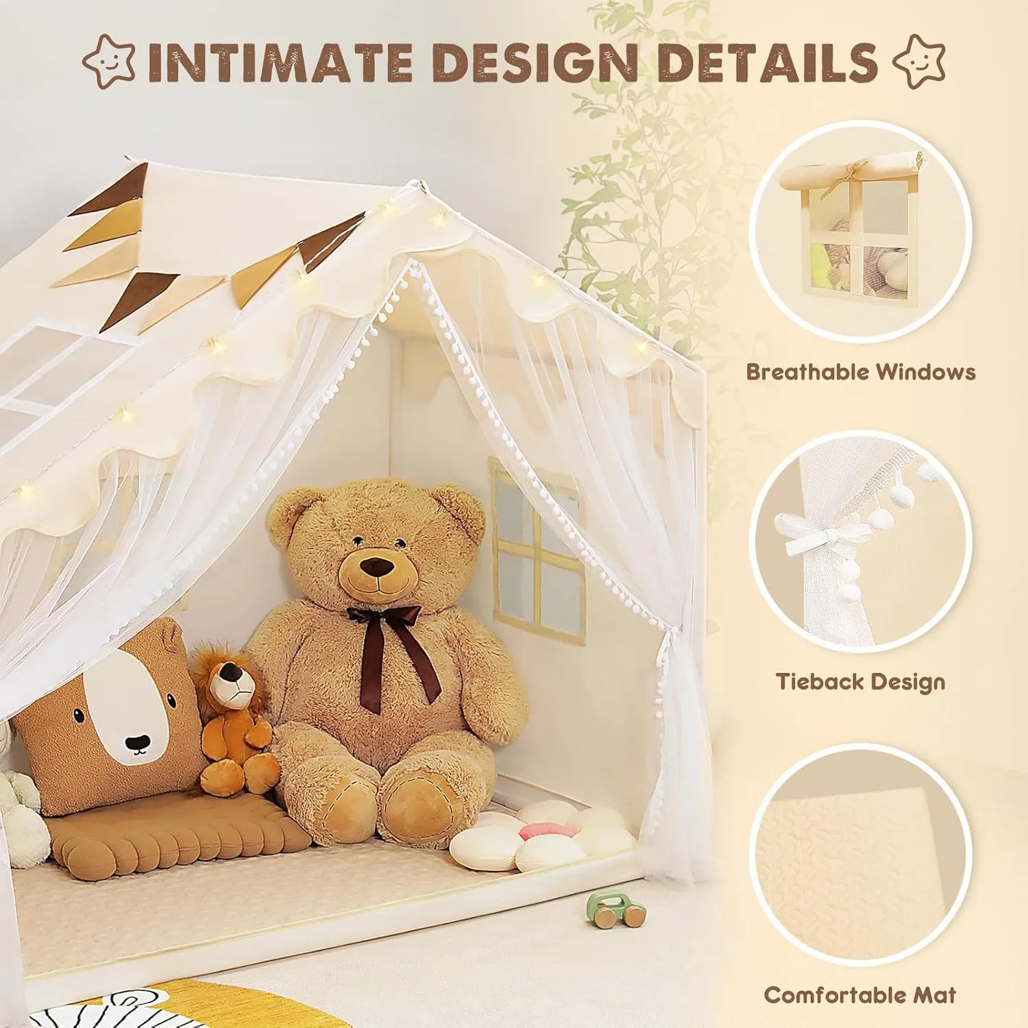 Kids Play Tent with Mat - Kids Tent Indoor with Star Lights and Flags, Toddler Tent for Kids Ages 3-8, Toddler Playhouse for Girls Boys, 57" x 35" x 47" (Beige)