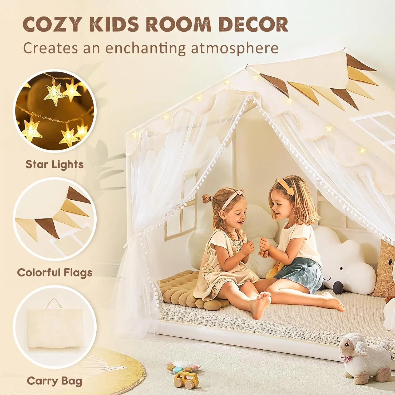 Kids Play Tent with Mat - Kids Tent Indoor with Star Lights and Flags, Toddler Tent for Kids Ages 3-8, Toddler Playhouse for Girls Boys, 57" x 35" x 47" (Beige)