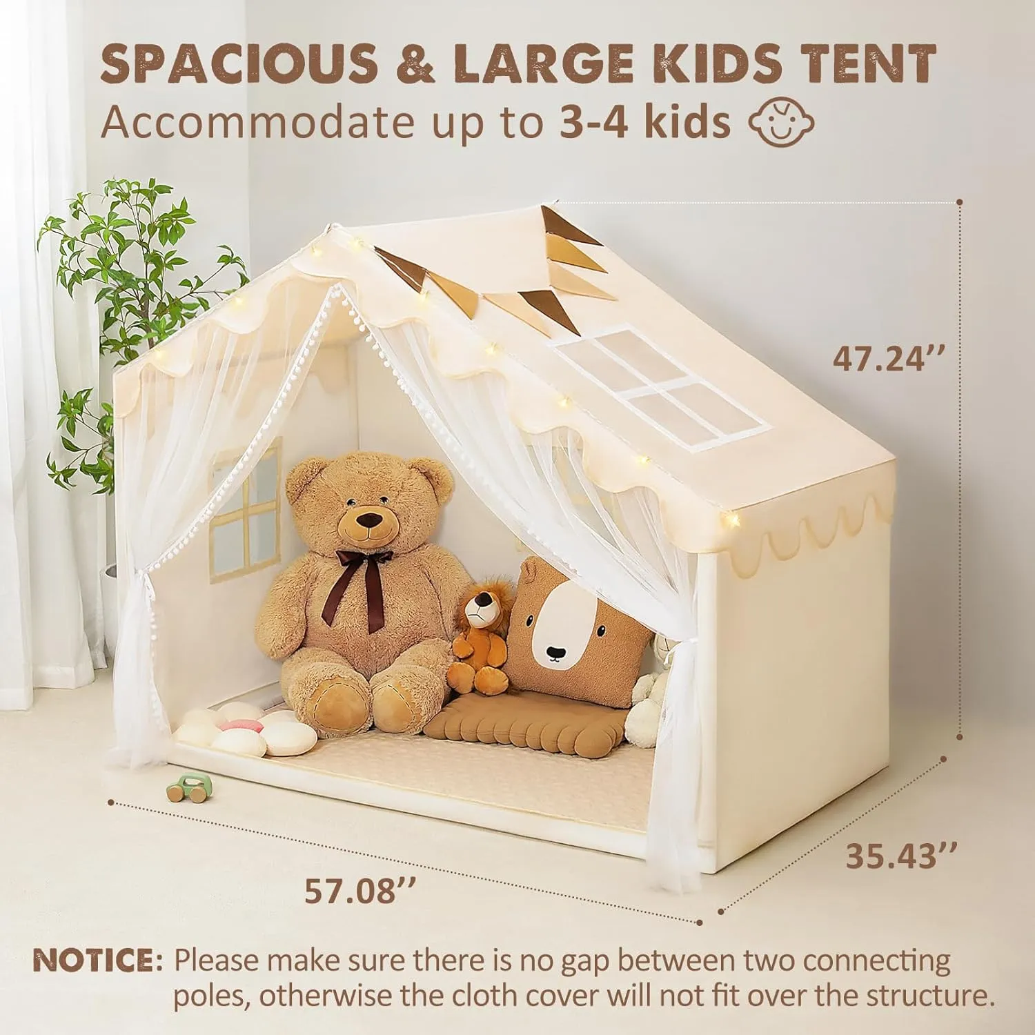 Kids Play Tent with Mat - Kids Tent Indoor with Star Lights and Flags, Toddler Tent for Kids Ages 3-8, Toddler Playhouse for Girls Boys, 57" x 35" x 47" (Beige)