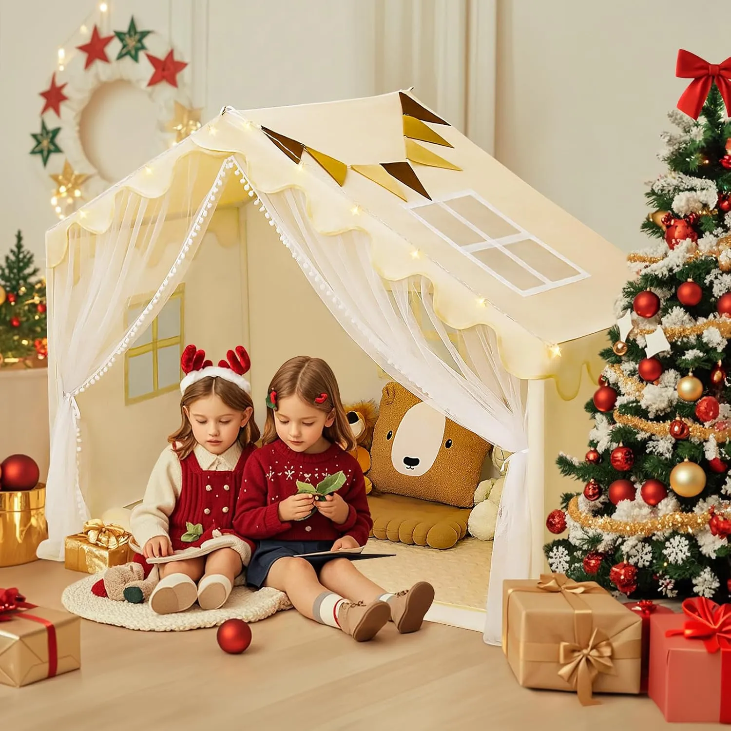 Kids Play Tent with Mat - Kids Tent Indoor with Star Lights and Flags, Toddler Tent for Kids Ages 3-8, Toddler Playhouse for Girls Boys, 57" x 35" x 47" (Beige)