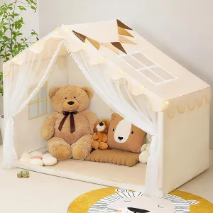 Kids Play Tent with Mat - Kids Tent Indoor with Star Lights and Flags, Toddler Tent for Kids Ages 3-8, Toddler Playhouse for Girls Boys, 57" x 35" x 47" (Beige)