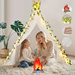 Kids Teepee Tent - 64" 100% Cotton Playhouse for Toddlers, Girls & Boys | Indoor/Outdoor Play Tent with LED Vine Lights, 3D Campfire & Stable Wood Poles Birthday Party | Reading Nook