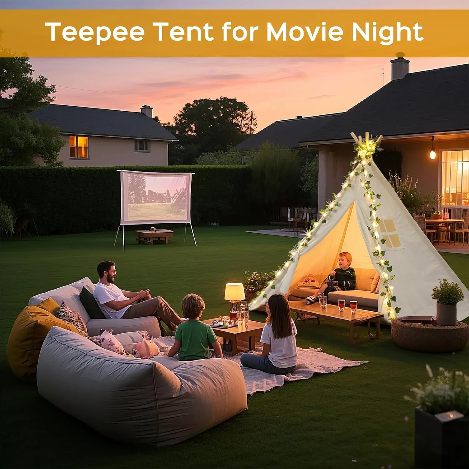 Kids Teepee Tent - 64" 100% Cotton Playhouse for Toddlers, Girls & Boys | Indoor/Outdoor Play Tent with LED Vine Lights, 3D Campfire & Stable Wood Poles Birthday Party | Reading Nook