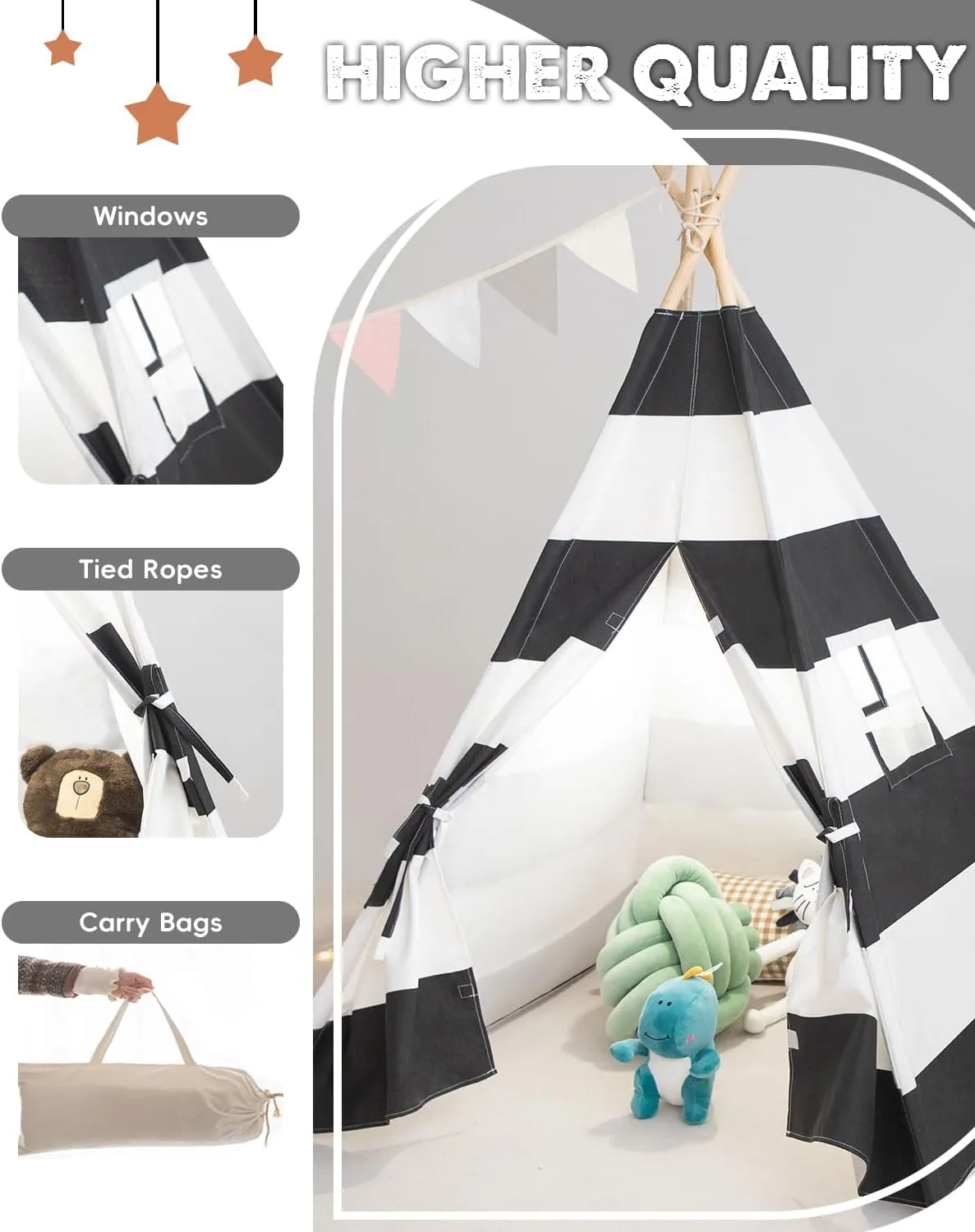 Kids Teepee Tent with Lights, and Carry Bag,Natural Cotton Canvas Washable Playhouse for Indoor Use,Ideal Play Tent for Girls and Boys (Stripe Black)