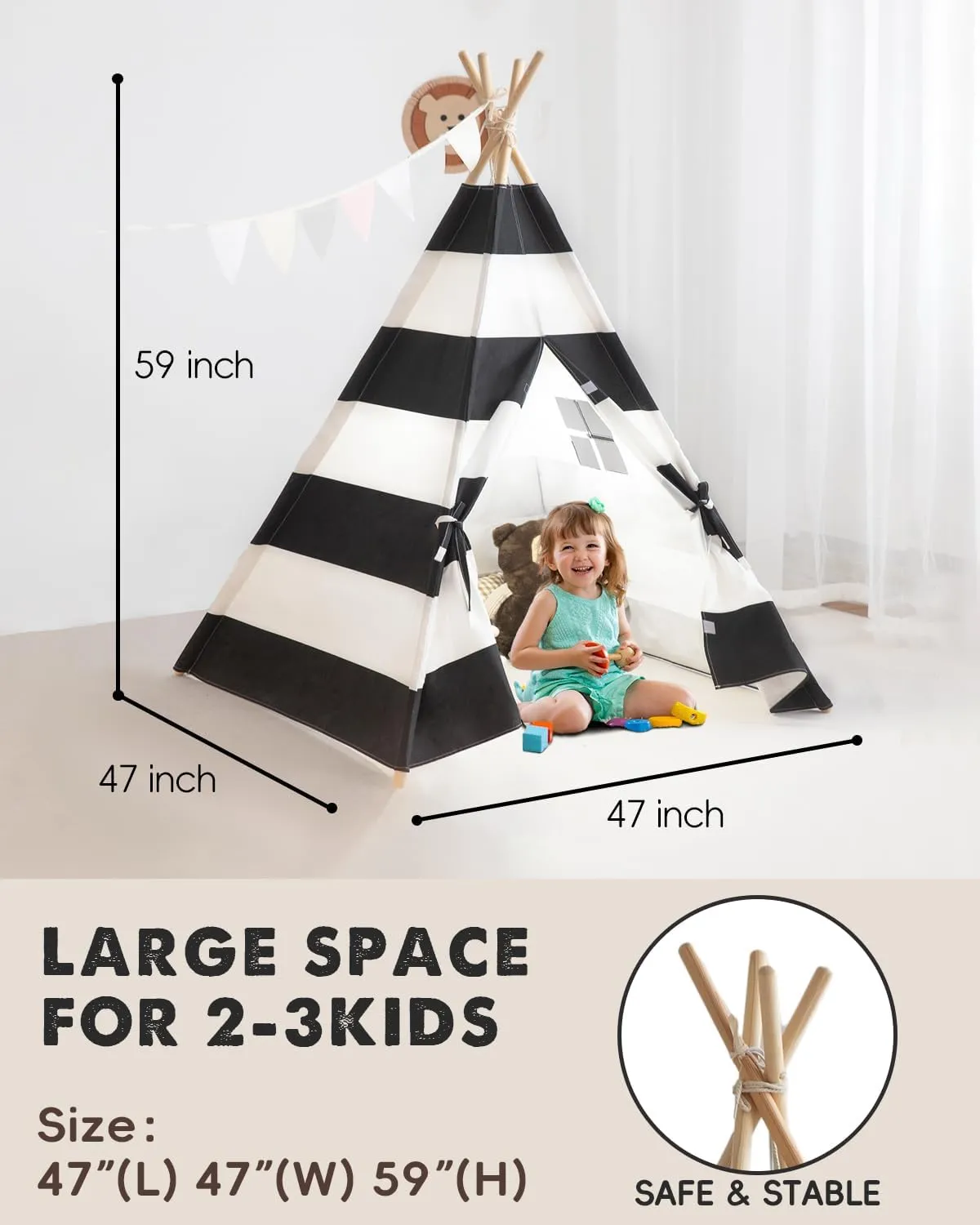 Kids Teepee Tent with Lights, and Carry Bag,Natural Cotton Canvas Washable Playhouse for Indoor Use,Ideal Play Tent for Girls and Boys (Stripe Black)