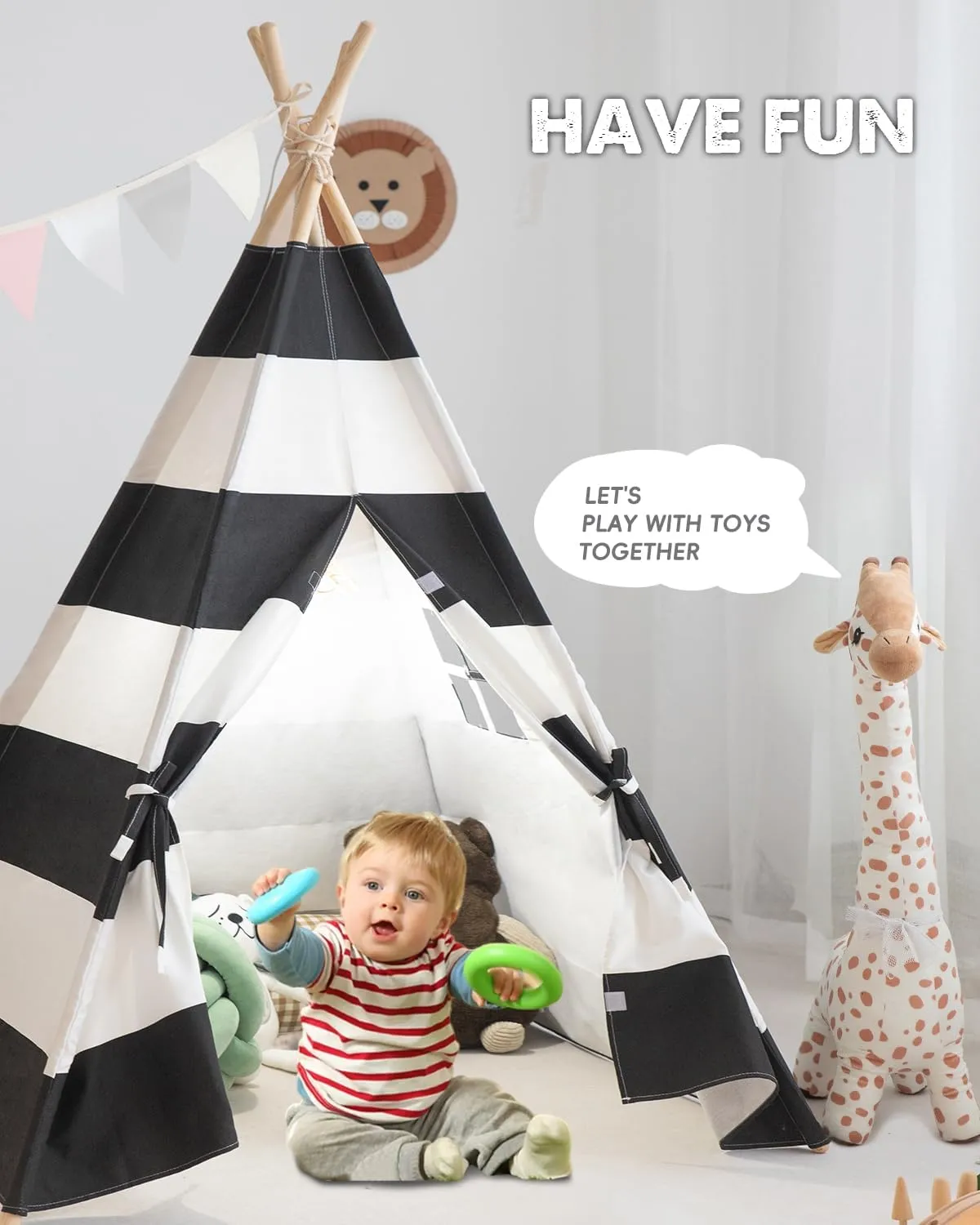 Kids Teepee Tent with Lights, and Carry Bag,Natural Cotton Canvas Washable Playhouse for Indoor Use,Ideal Play Tent for Girls and Boys (Stripe Black)