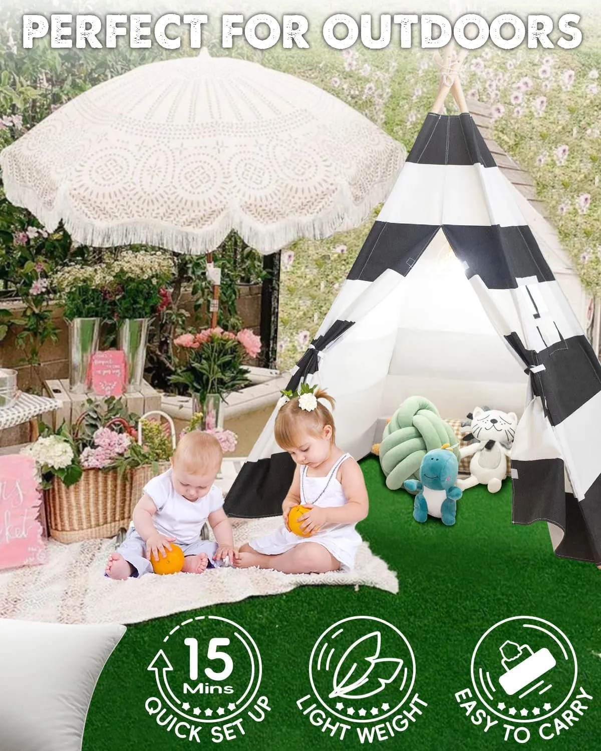 Kids Teepee Tent with Lights, and Carry Bag,Natural Cotton Canvas Washable Playhouse for Indoor Use,Ideal Play Tent for Girls and Boys (Stripe Black)