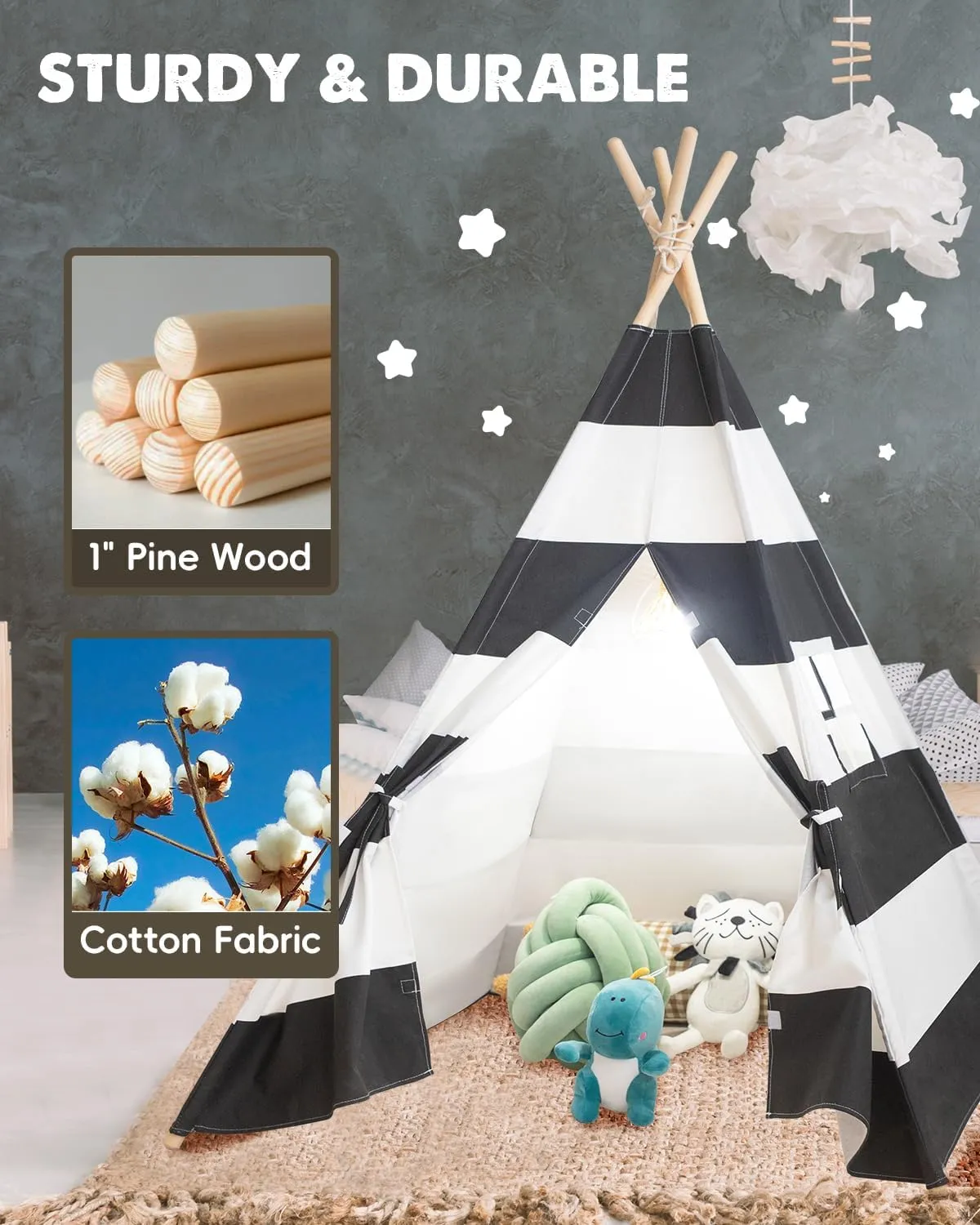 Kids Teepee Tent with Lights, and Carry Bag,Natural Cotton Canvas Washable Playhouse for Indoor Use,Ideal Play Tent for Girls and Boys (Stripe Black)