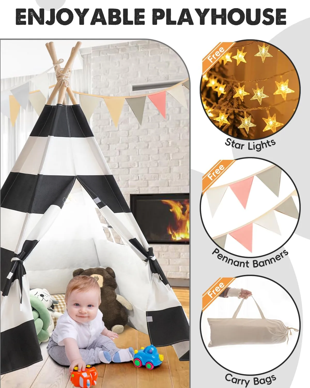 Kids Teepee Tent with Lights, and Carry Bag,Natural Cotton Canvas Washable Playhouse for Indoor Use,Ideal Play Tent for Girls and Boys (Stripe Black)