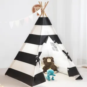 Kids Teepee Tent with Lights, and Carry Bag,Natural Cotton Canvas Washable Playhouse for Indoor Use,Ideal Play Tent for Girls and Boys (Stripe Black)