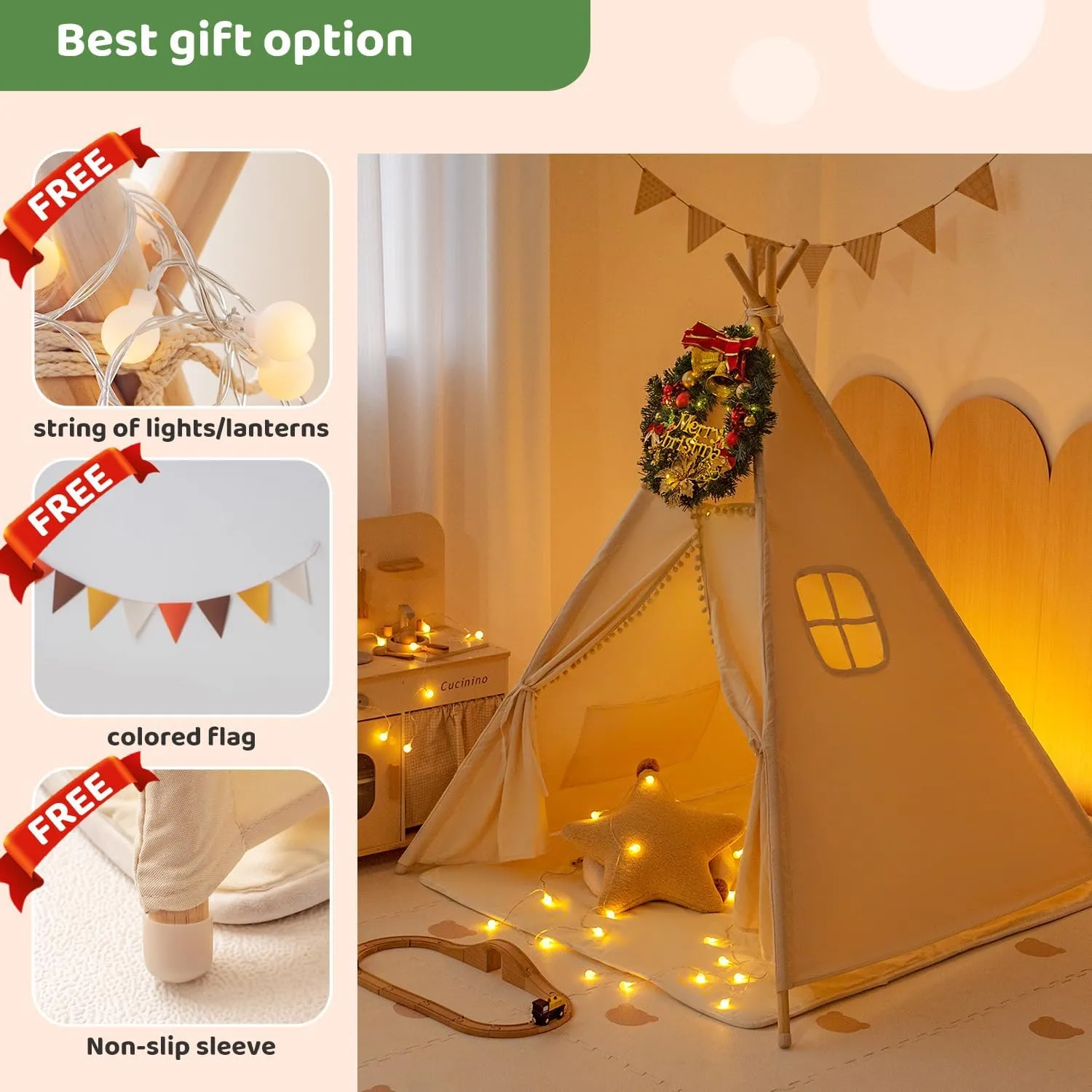 Kids Teepee Tent with Mat & LED Lights - Indoor Outdoor Playhouse for Ages 3-8, Foldable Hut with Storage Bag & Window, Montessori Play Tent for Bedroom/Backyard (Beige)
